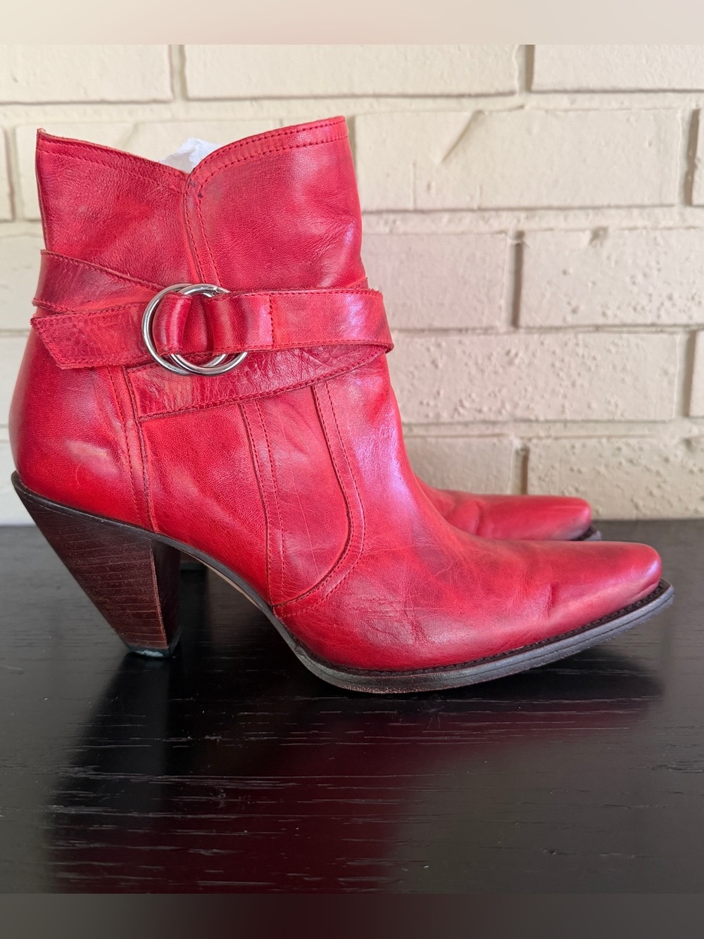 Women Lucchese Charlie 1 Horse Red Ankle Boots Snip Toe Cowboy Western Leather 8